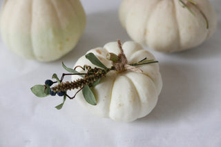 3 white ornamental pumpkins with dried flowers